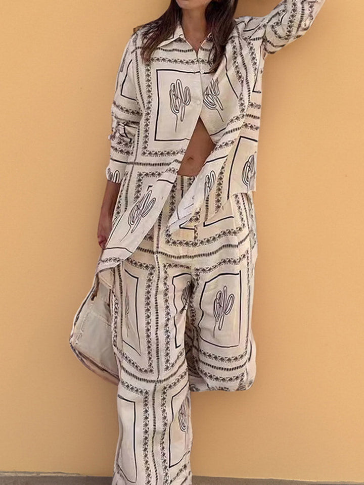 Ensemble deux pièces ample géométrique imprimé boutonné à empiècements, à manches longues, à col revers, couleur contrastée – chemisier + pantalon