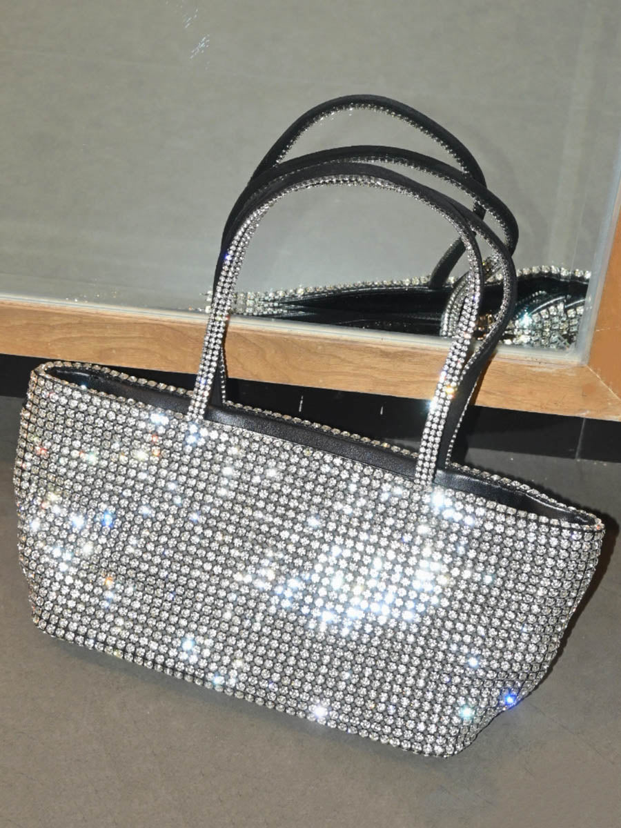 Sac besace à fermeture éclair, à strass, couleur unie