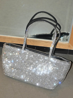 Sac besace à fermeture éclair, à strass, couleur unie