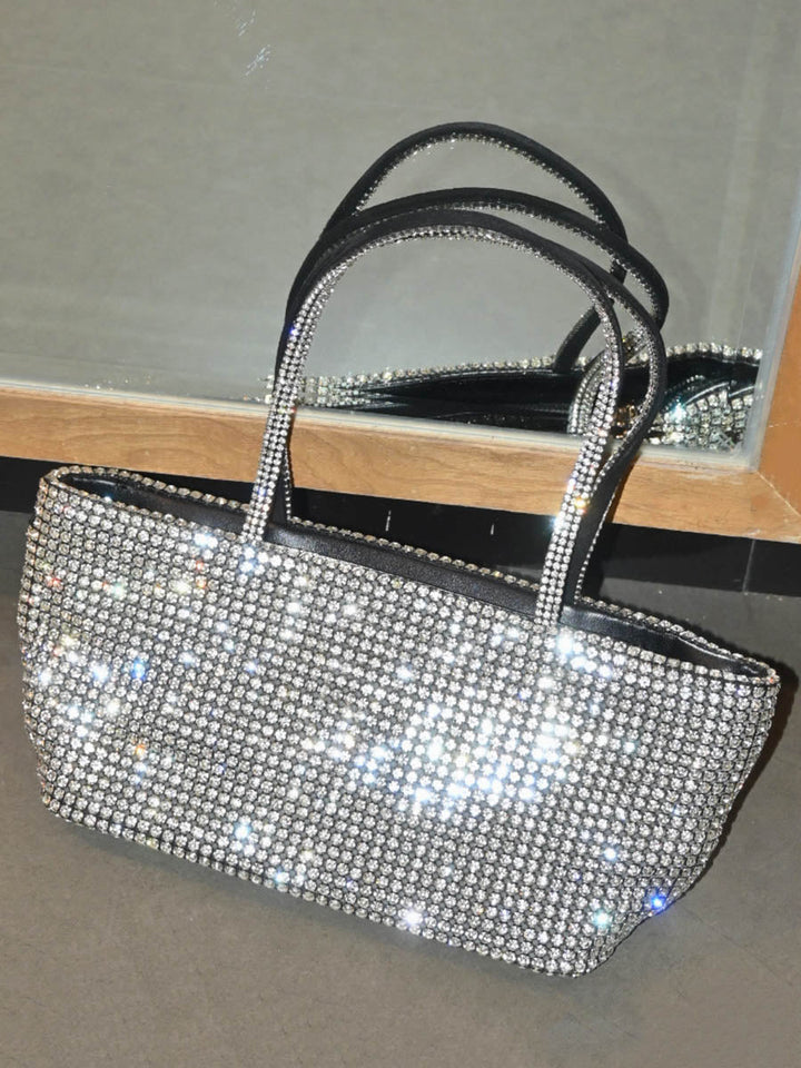 Sac besace à fermeture éclair, à strass, couleur unie