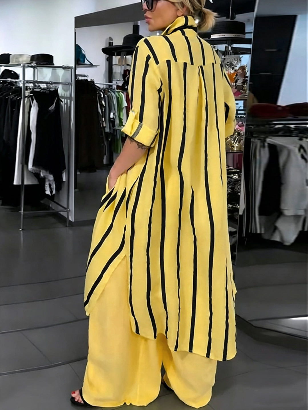 Ensemble deux pièces boutonné rayé à ourlet plongeant, à manches longues, à col revers, à poches, à jambes larges, couleur contrastée, couleur unie – chemisier + bas + pantalon