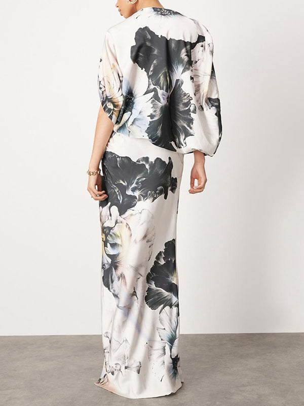 Robe de soirée longue ample asymétrique fendue sur le côté à manches chauve-souris, à imprimé floral, à empiècements, asymétrique à une épaule