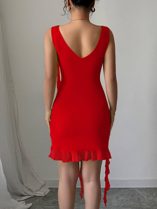 Robe courte plissée moulante taille haute, à col en V, couleur unie