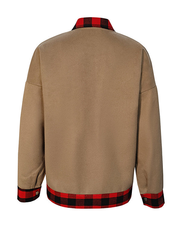 Manteau en laine ample boutonné à manches longues, à carreaux, à poches, à empiècements, à col revers