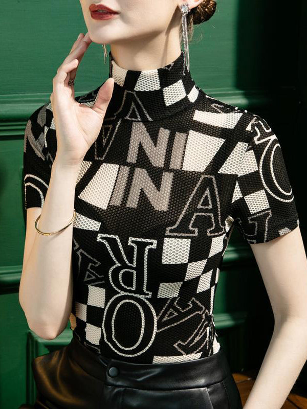 T-shirt urbain imprimé coupe près du corps, à col haut