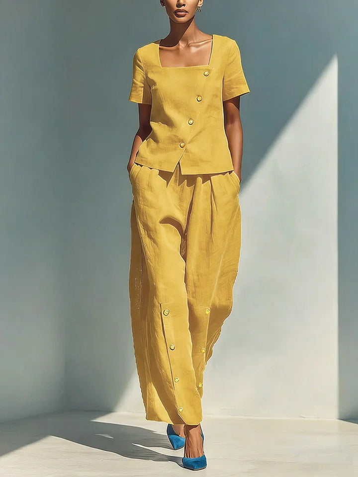 Pantalon ample boutonné à jambes larges, à poches, couleur unie