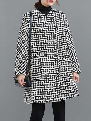 Manteau en laine ample boutonné à motif pied-de-poule, à col rond, à manches longues