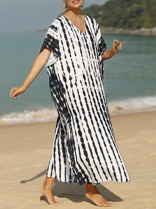 Robe longue ample imprimée fendue sur le côté à manches courtes, anti-UV, à col en V