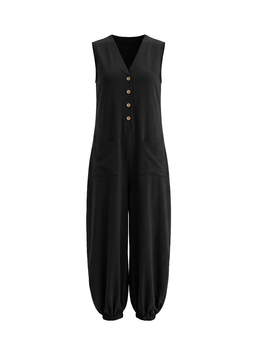 Combinaison boutonnée sans manches, à jambes larges, à col en V, couleur unie