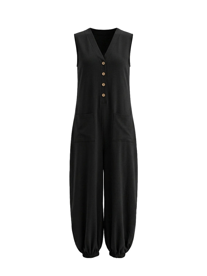 Combinaison boutonnée sans manches, à jambes larges, à col en V, couleur unie