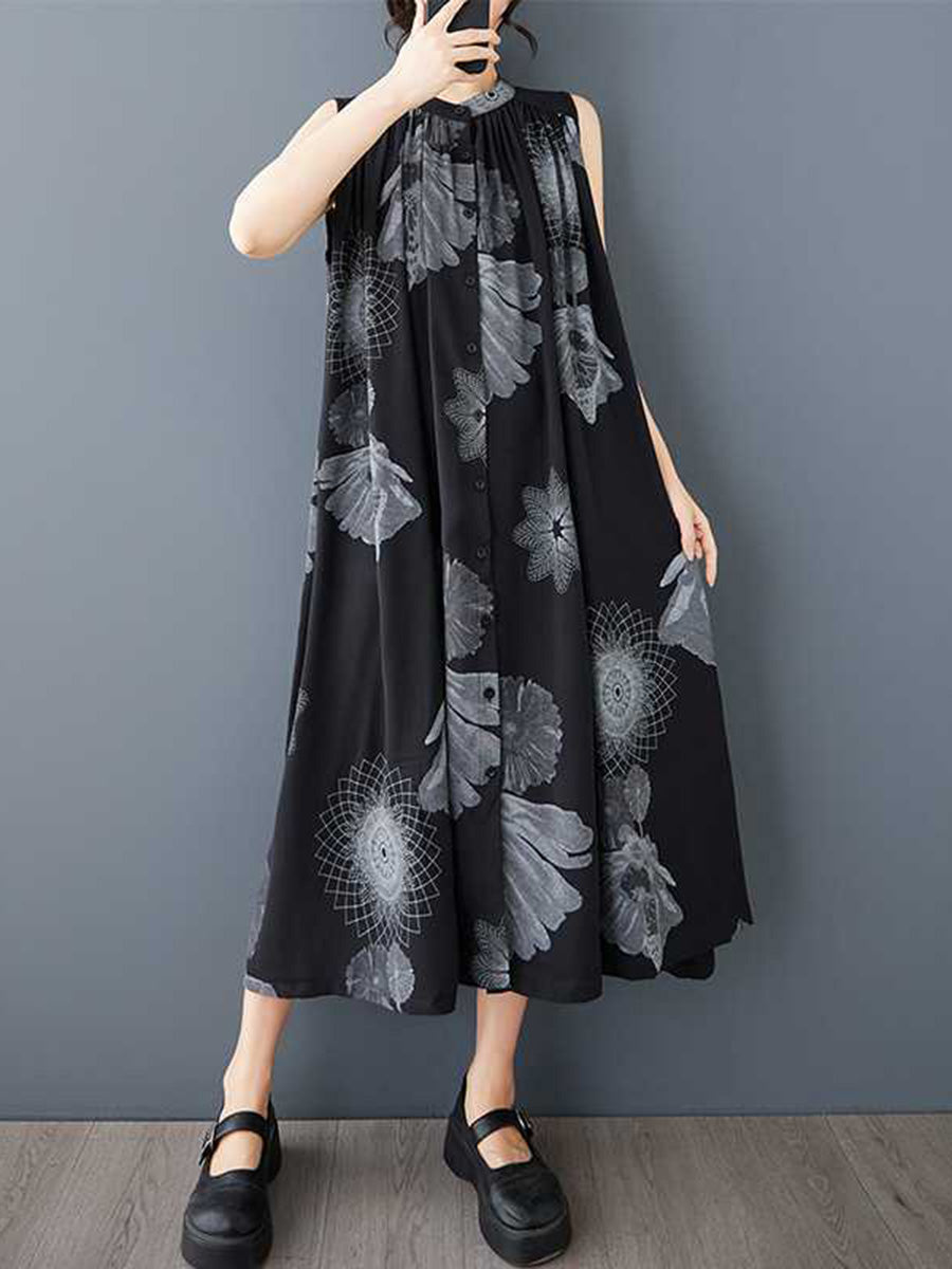 Robe mi-longue ample boutonnée plissée coupe trapèze, à imprimé floral, à poches, à col rond