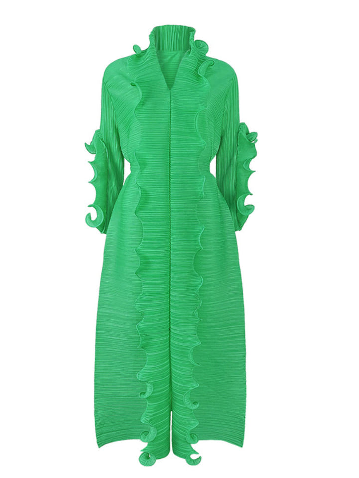 Robe longue ample nouée plissée à manches longues, à falbalas, à col en V, couleur unie
