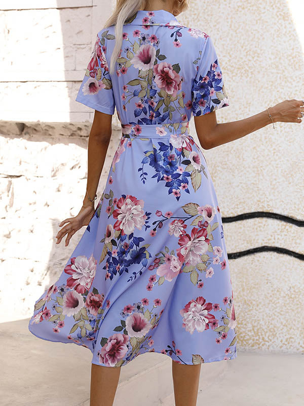 Robe mi-longue ample boutonnée coupe trapèze, à imprimé floral, à taille nouée, à col revers