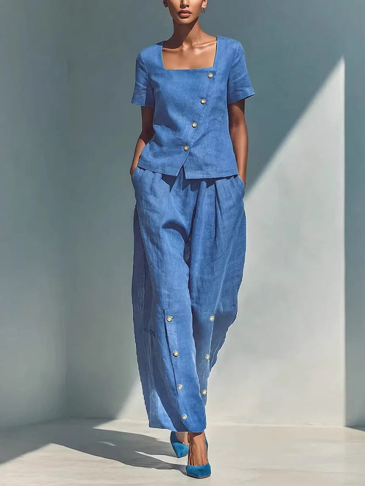 Pantalon ample boutonné à jambes larges, à poches, couleur unie