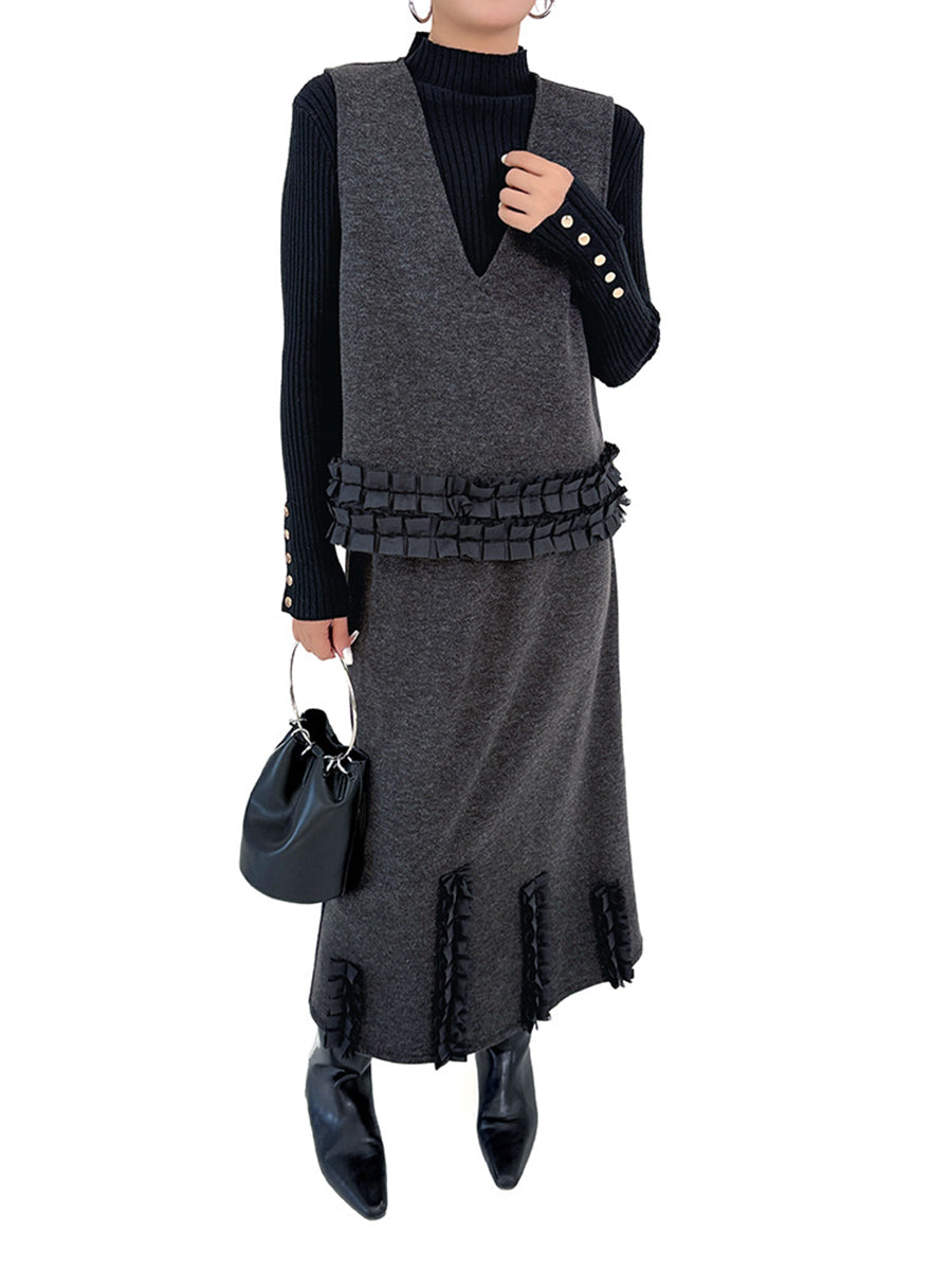 Ensemble deux pièces volanté plissé à empiècements, à col en V, à taille élastique, taille haute, couleur contrastée – débardeur + jupe