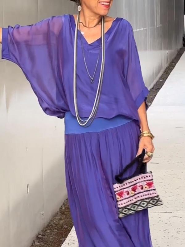 Saila | Robe maxi pour femmes décolleté en V, manches chauve-souris, couleur unie