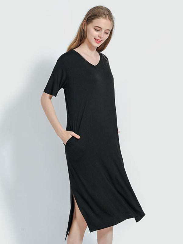 Robe de pyjama simple à manches courtes, ample, fendue sur le côté, couleur unie, col en V