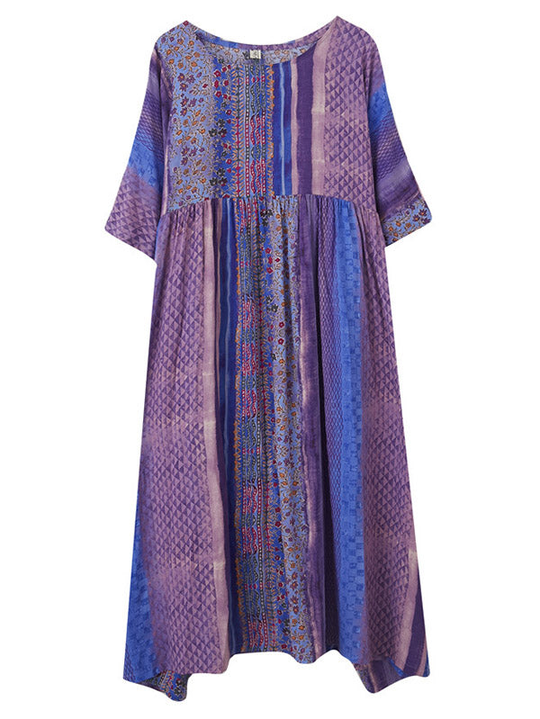 Robe mi-longue vintage à imprimé floral rayé et poche latérale