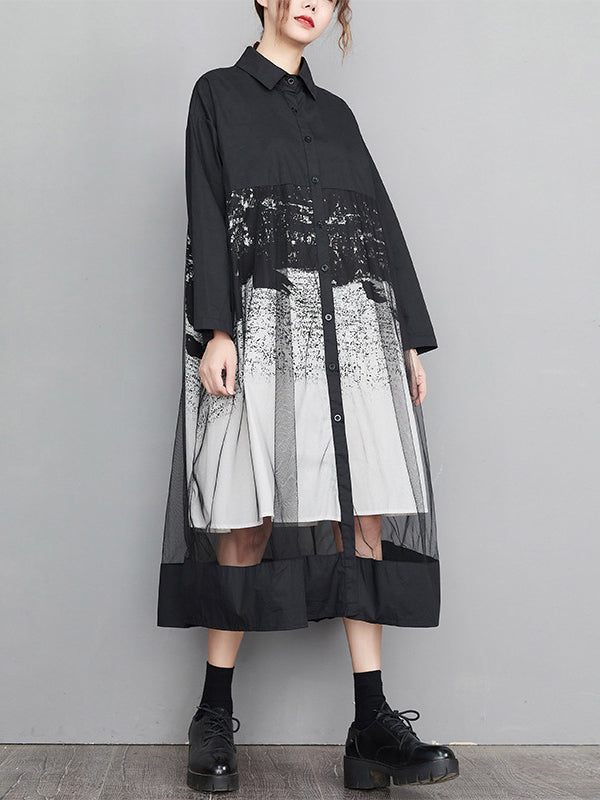 Robe mi-longue boutonnée imprimée coupe trapèze, à manches longues, en gaze, à empiècements, à col revers