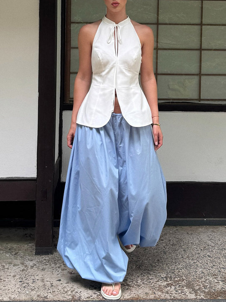 Pantalon resserré aux chevilles plissé à taille élastique, taille haute, à cordon de serrage, couleur unie