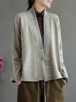 Haut cardigan vintage en laine mélangée brodé de couleur unie