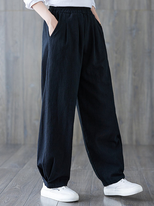 Pantalon simple ample décontracté à jambes larges, à taille élastique, couleur unie