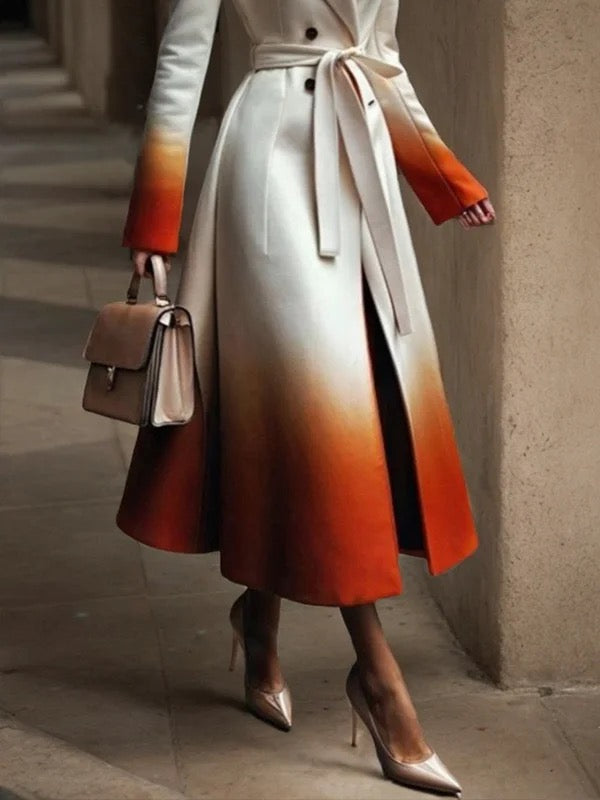 Manteau en laine boutonné coupe trapèze, à manches longues, en dégradé, à empiècements, à taille nouée, à col cranté
