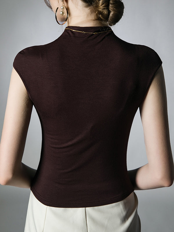 T-shirt plissé coupe près du corps, à col cheminée, couleur unie