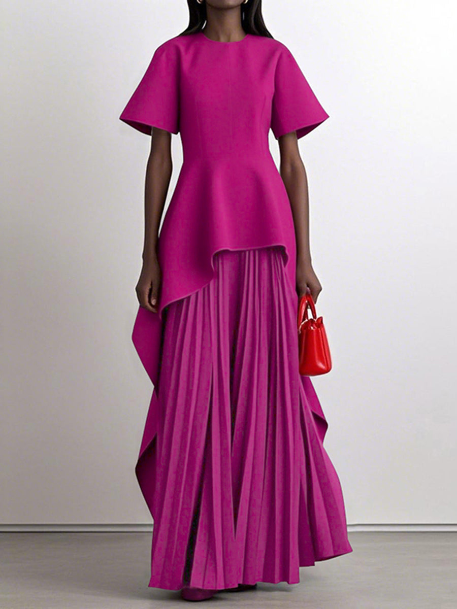 Robe longue plissée coupe trapèze, taille haute, à empiècements, à col rond, couleur unie