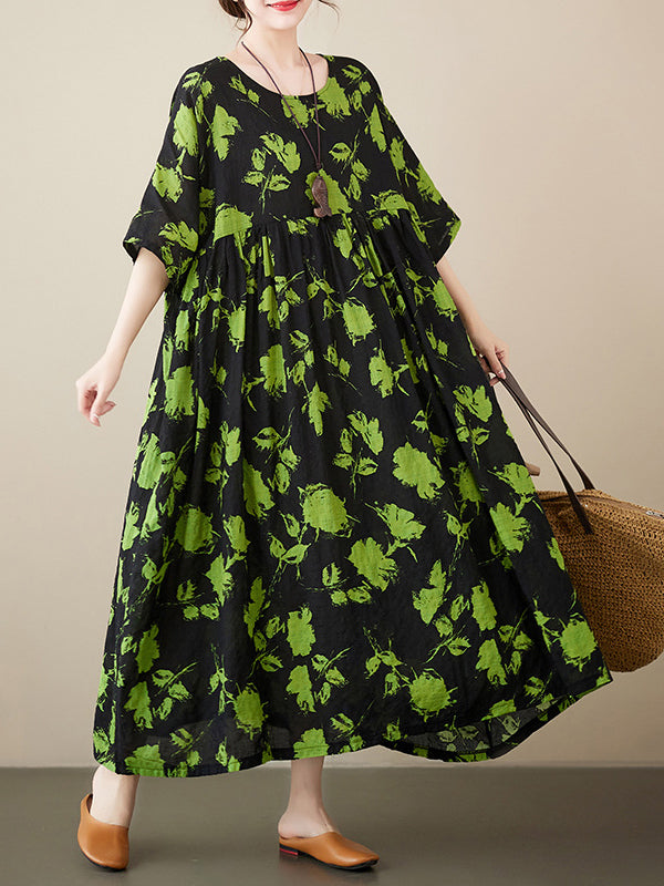 Robe mi-longue ample plissée à fleurs, à col rond