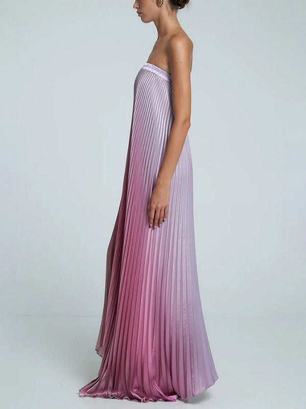 Robe de soirée longue ample plissée coupe trapèze, à taille élastique, en dégradé, bustier