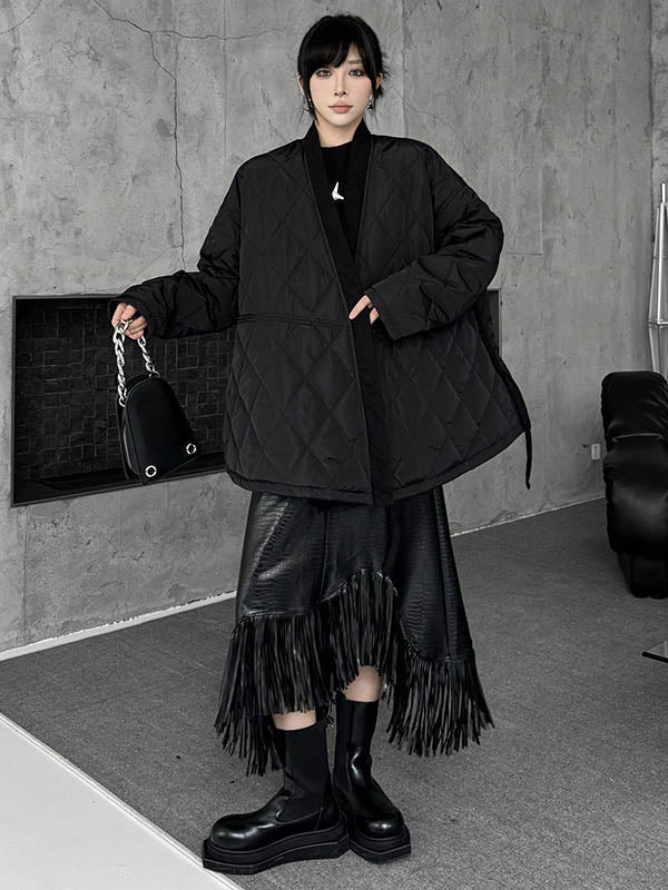 Manteau rembourré à manches longues, ample, à carreaux, couleur unie, à empiècements, noué, sans col, vêtements d'extérieur