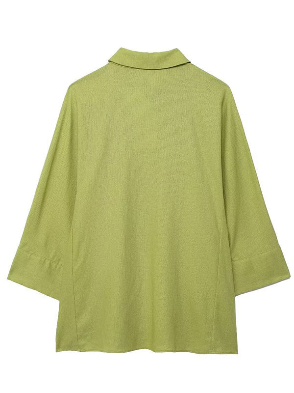 Ensemble deux pièces ample fendu sur le côté plissé à empiècements, à col revers, à taille élastique, couleur unie – chemisier + pantalon