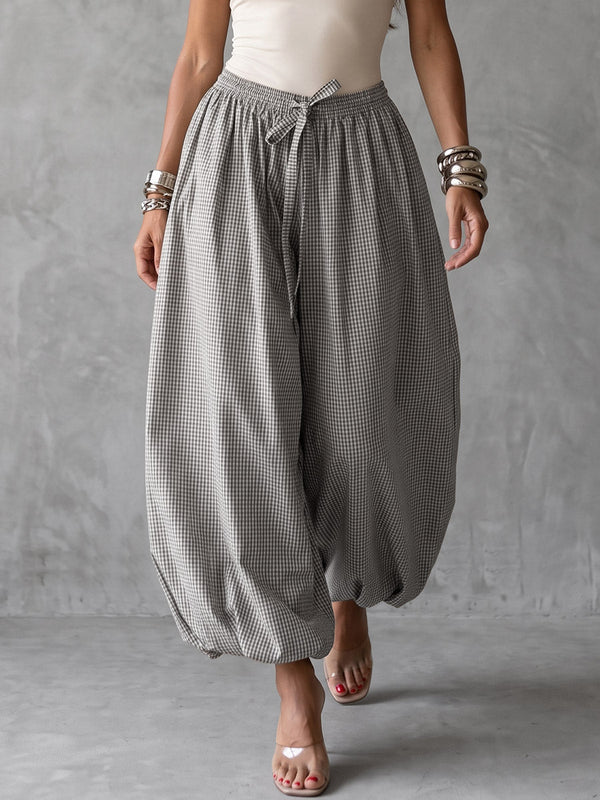 Pantalon ample à poches, à carreaux, à taille élastique, à cordon de serrage, à jambes larges