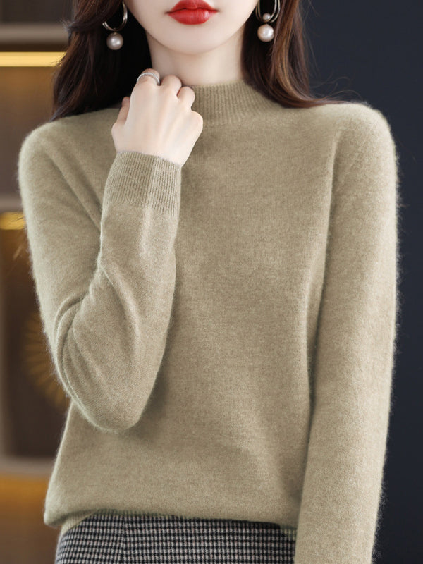 Pull de bureau à manches longues, couleur unie, col haut, pulls