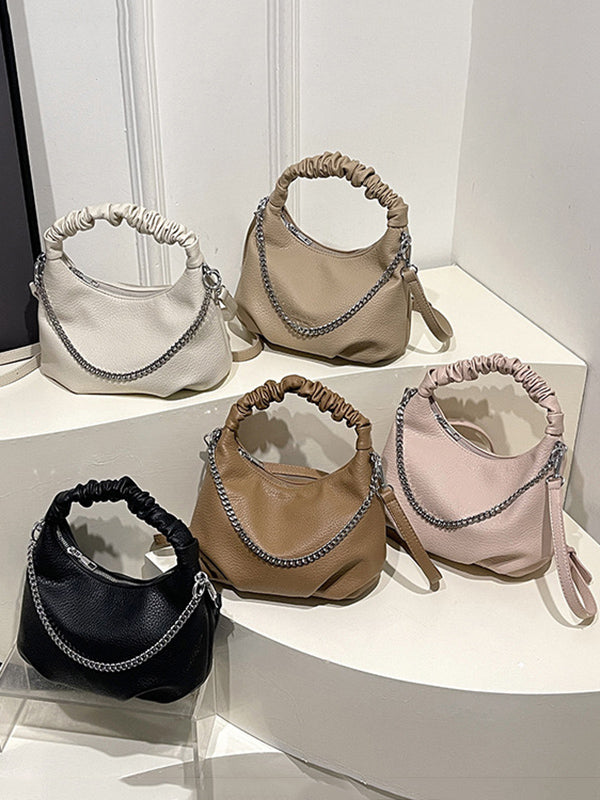 Sac à main plissé à chaîne, à fermeture éclair, couleur unie