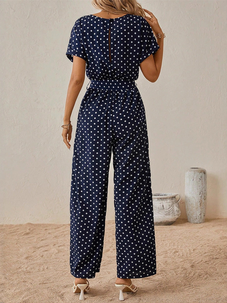 Combinaison taille haute, à pois, à empiècements, à taille nouée, à col rond, couleur contrastée