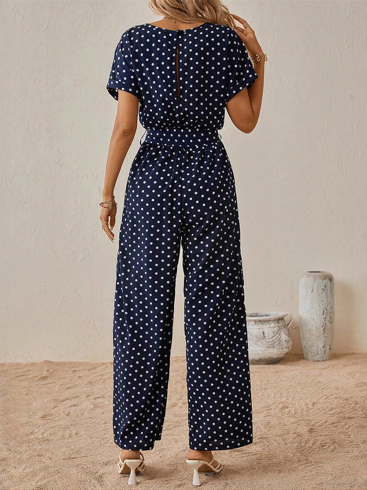 Combinaison taille haute, à pois, à empiècements, à taille nouée, à col rond, couleur contrastée