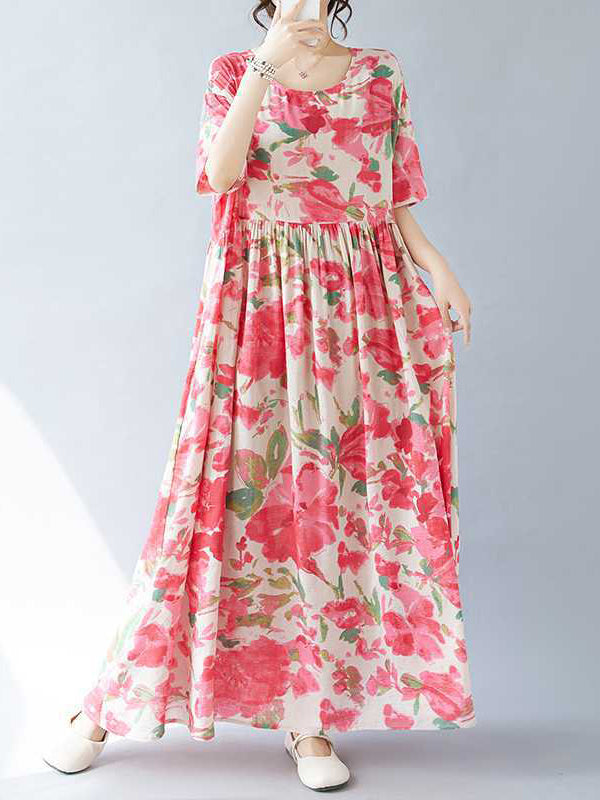 Robe mi-longue plissée coupe trapèze, à manches chauve-souris, à imprimé floral, à empiècements, à col rond