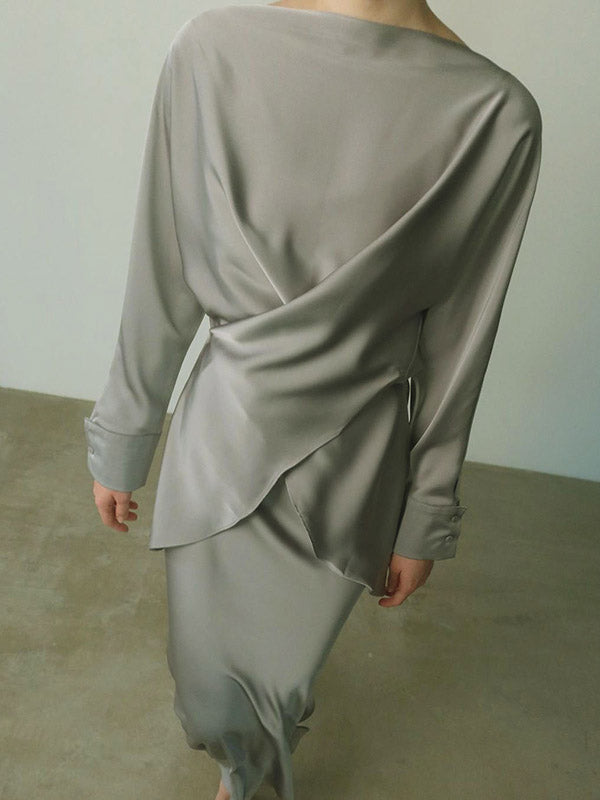 Ensemble deux pièces ample à empiècements, à col bateau, à manches longues, couleur unie – chemisier + chemise + jupe