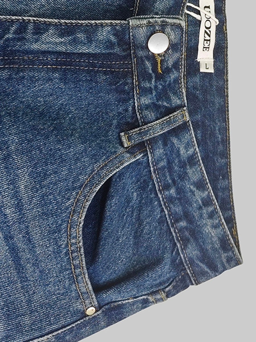 Jean taille haute, à jambes larges, à franges, à empiècements, couleur contrastée