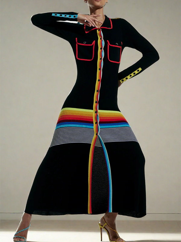 Robe chemise boutonnée rayée à manches longues, coupe près du corps, à col revers, couleur contrastée