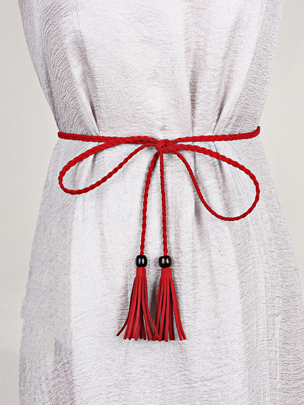 Ceinture de couleur unie à pompons en cuir artificiel de Bohême