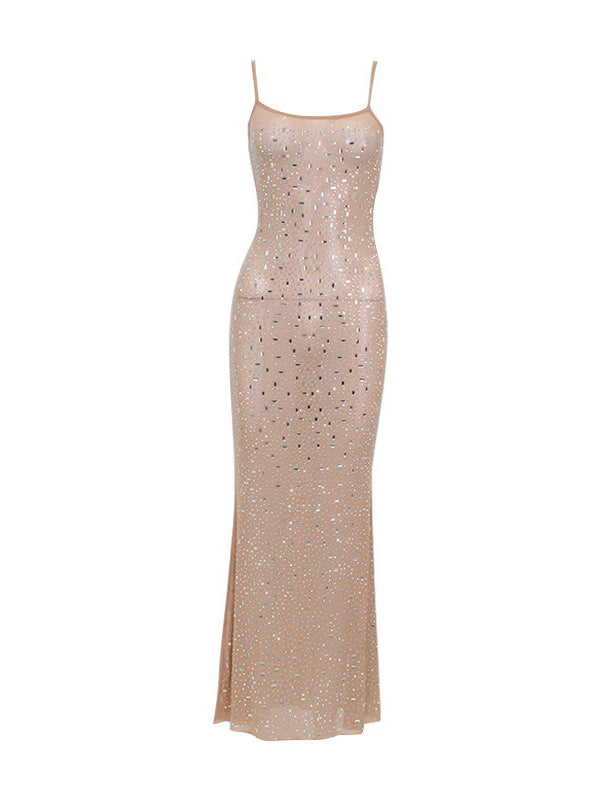 Robe longue moulante transparente coupe près du corps, à sequins, à empiècements, à fines bretelles