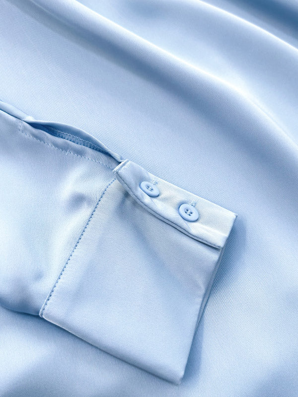 Ensemble deux pièces ample à empiècements, à col bateau, à manches longues, couleur unie – chemisier + chemise + jupe