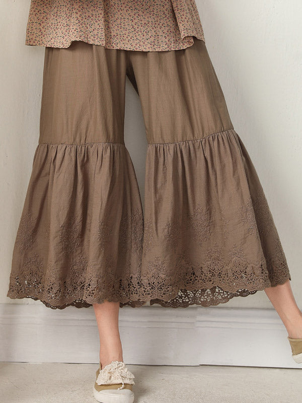 Pantalon évasé ample brodé vintage, taille haute, à jambes larges