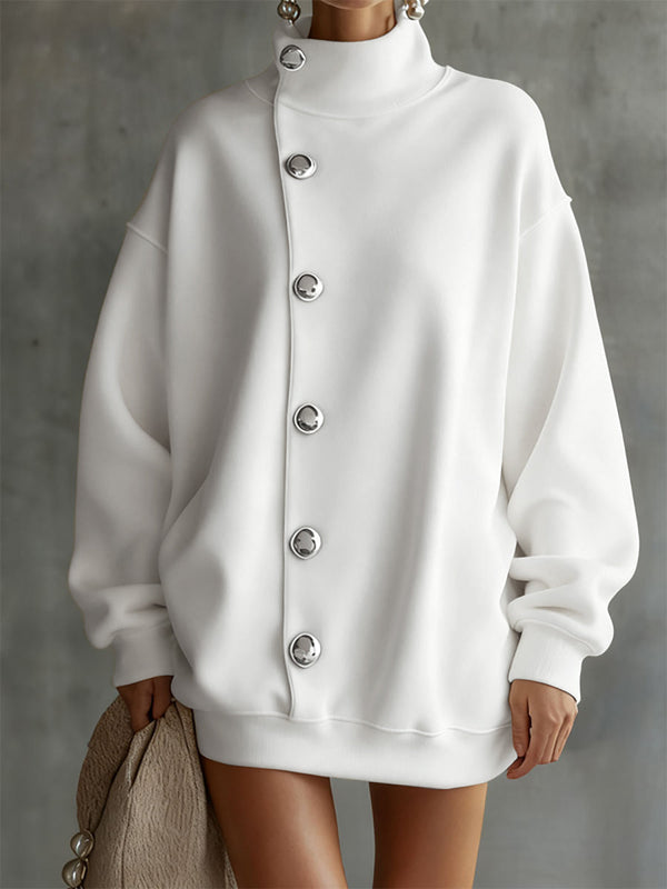 Manches longues ample boutonné couleur unie fendue col haut Robes courtes sweat-shirt