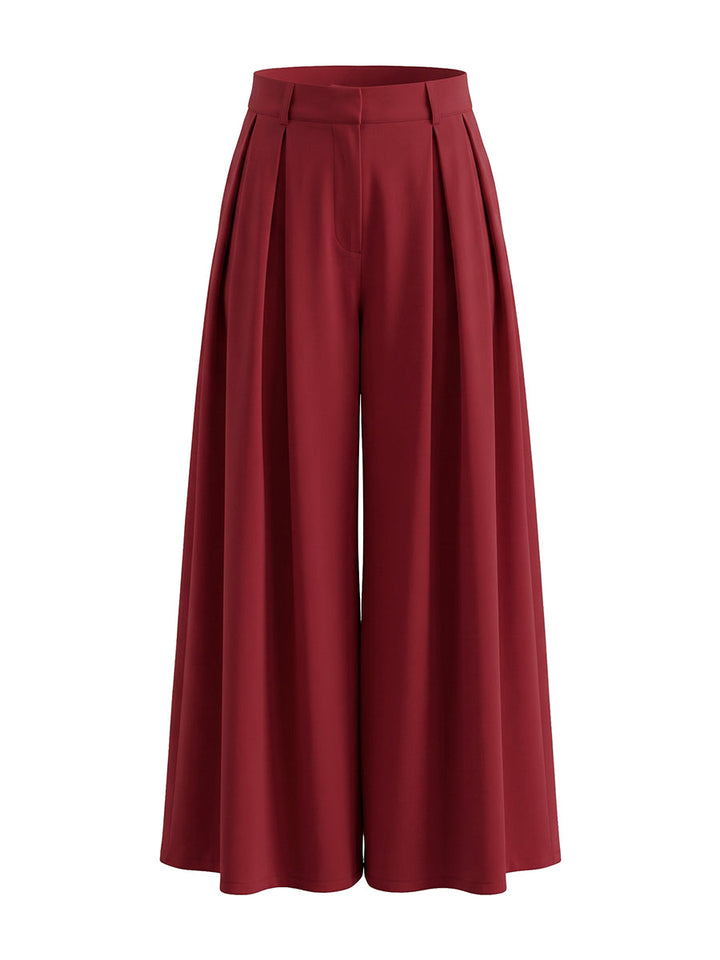 Pantalon élégant ample taille haute, à jambes larges, couleur unie