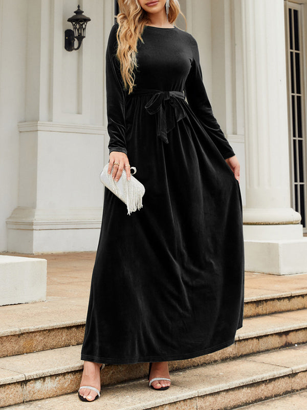 Robe longue plissée à manches longues, coupe portefeuille, avec ceinture, à fermeture éclair, à col rond, couleur unie