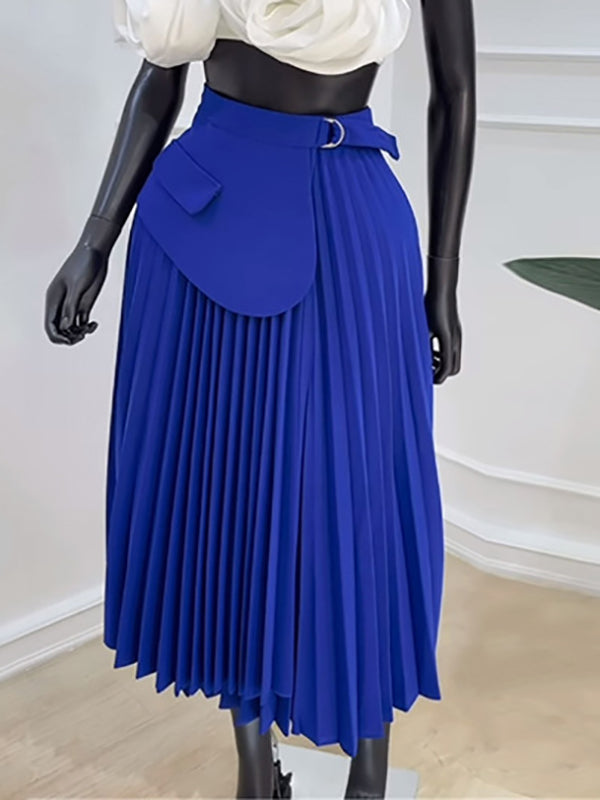 Jupe asymétrique plissée coupe trapèze, taille haute, à empiècements, couleur unie
